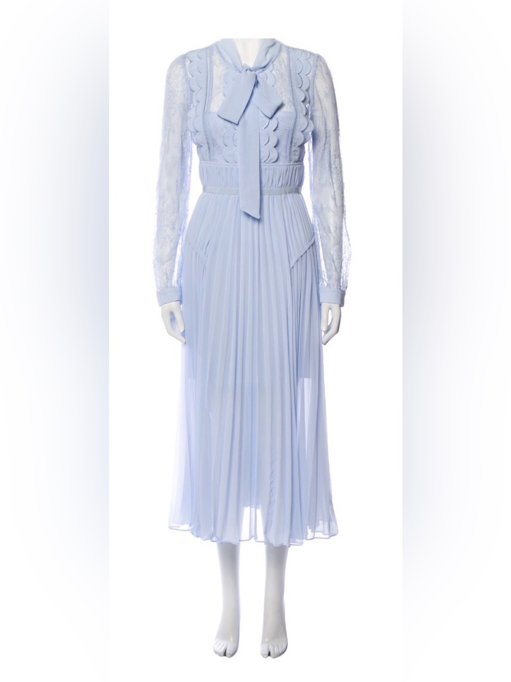 Self Portrait Light Blue Lace & Pleated Midi Dress with Neck Tie Size L 10